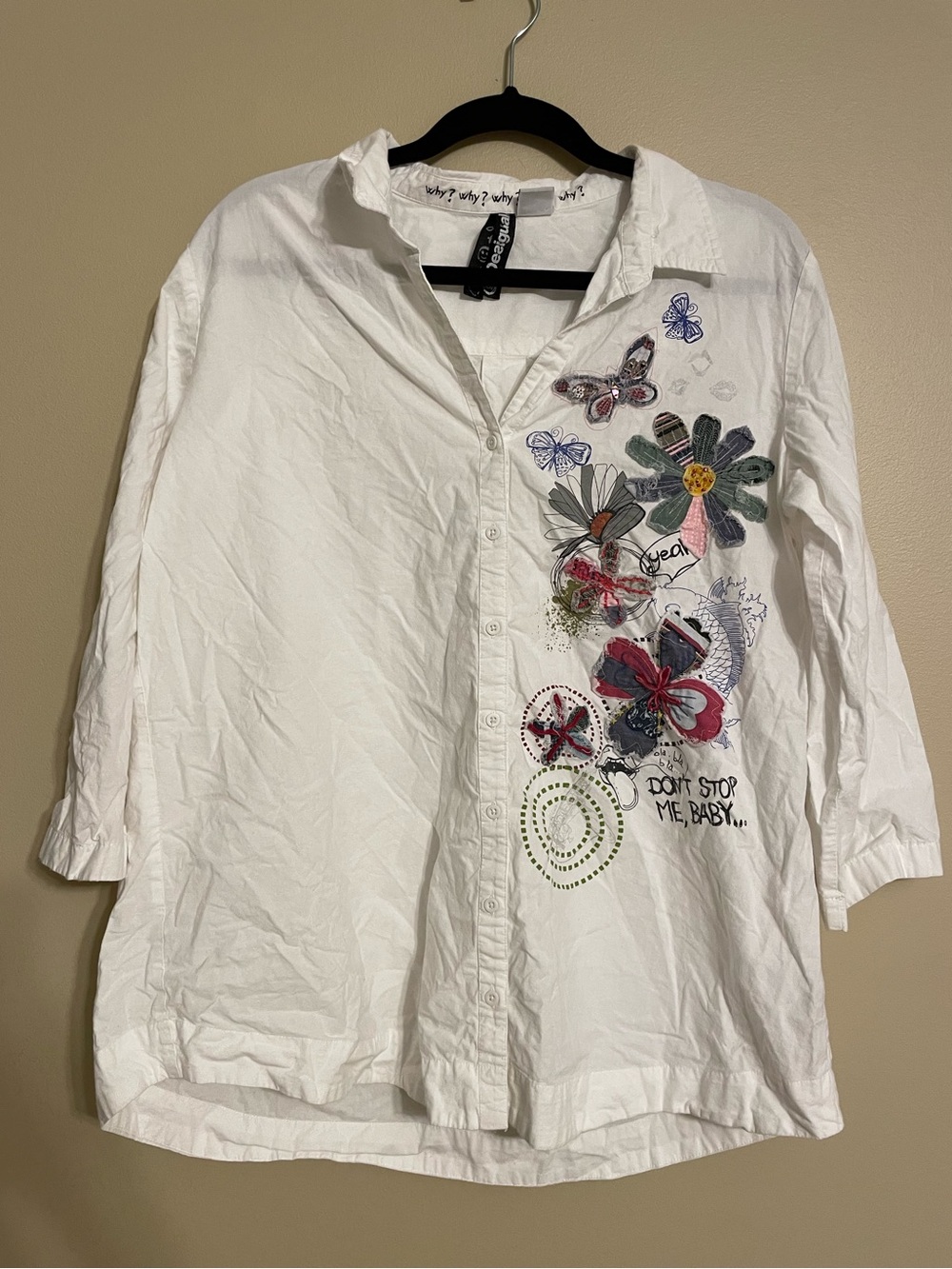 Desigual Graphic Print textured Button Up Blouse White cotton wearable art XXL